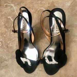 Badgley Mischka Black Satin Sandals Crystal 7.5